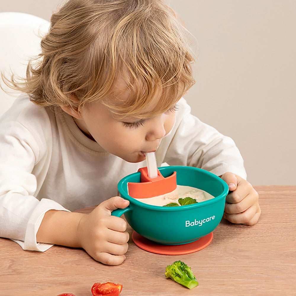 3-in-1 Baby Feeding Bowl - Toddler Silicone Bowl with Sucker Straw